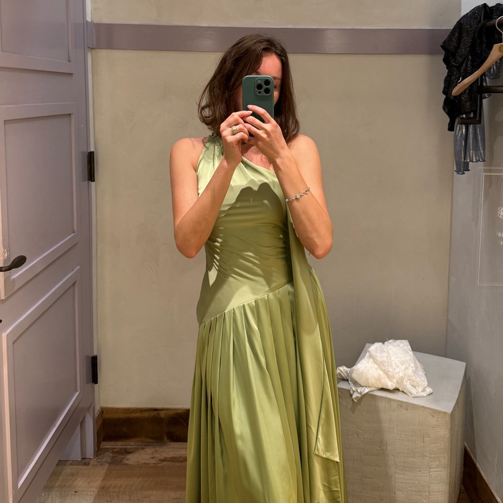 Anthropologie One-Shoulder Olive Satin Evening Dress
